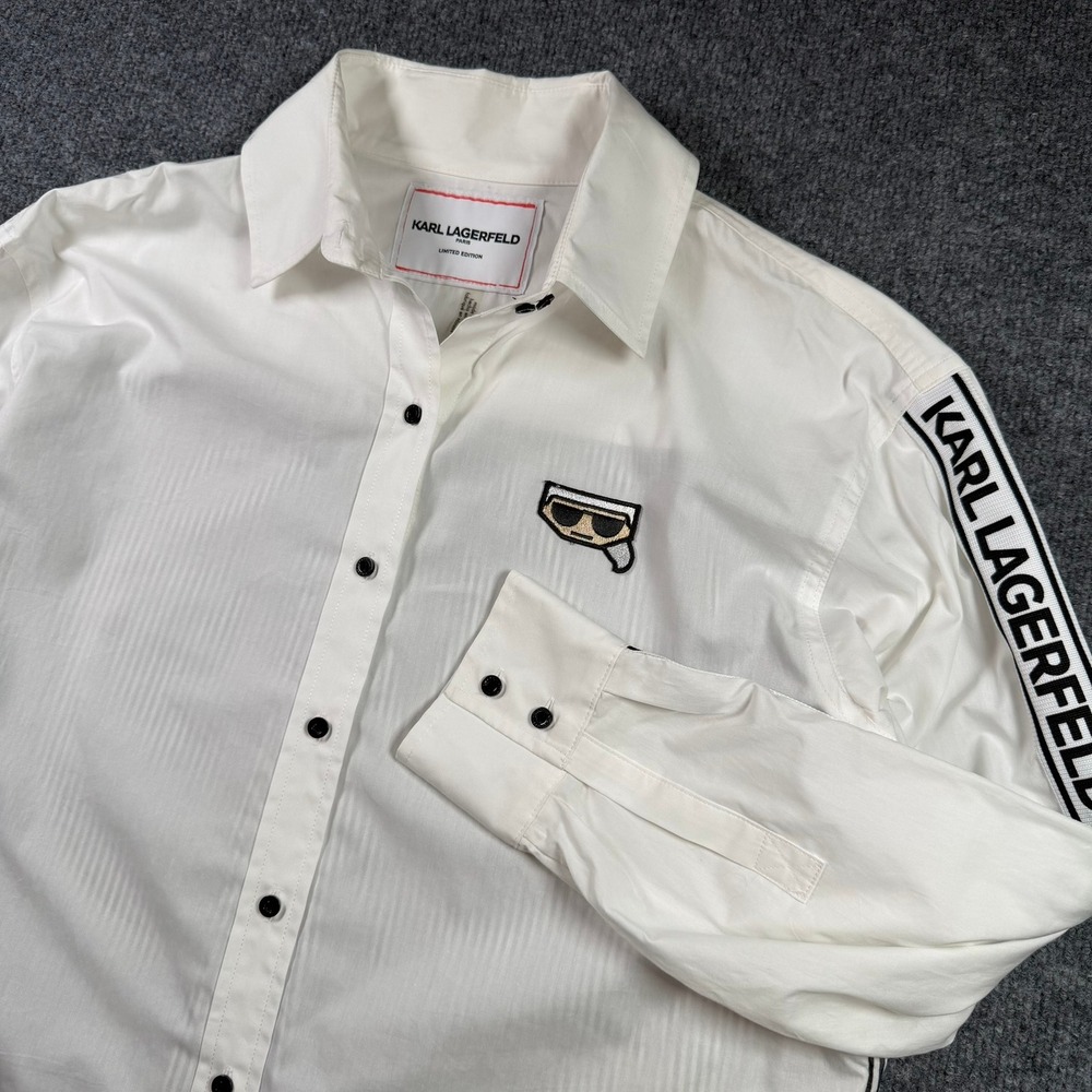 Karl Lagerfeld Button Down Women XL White Logo Tape Stripe Limited Edition Shirt